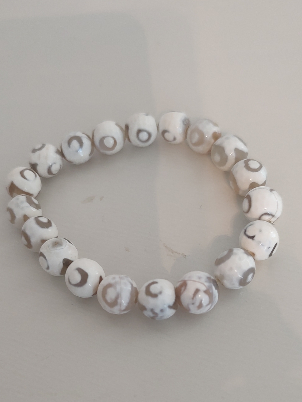 Beaded White and Taupe Pattern Stretch Bracelet